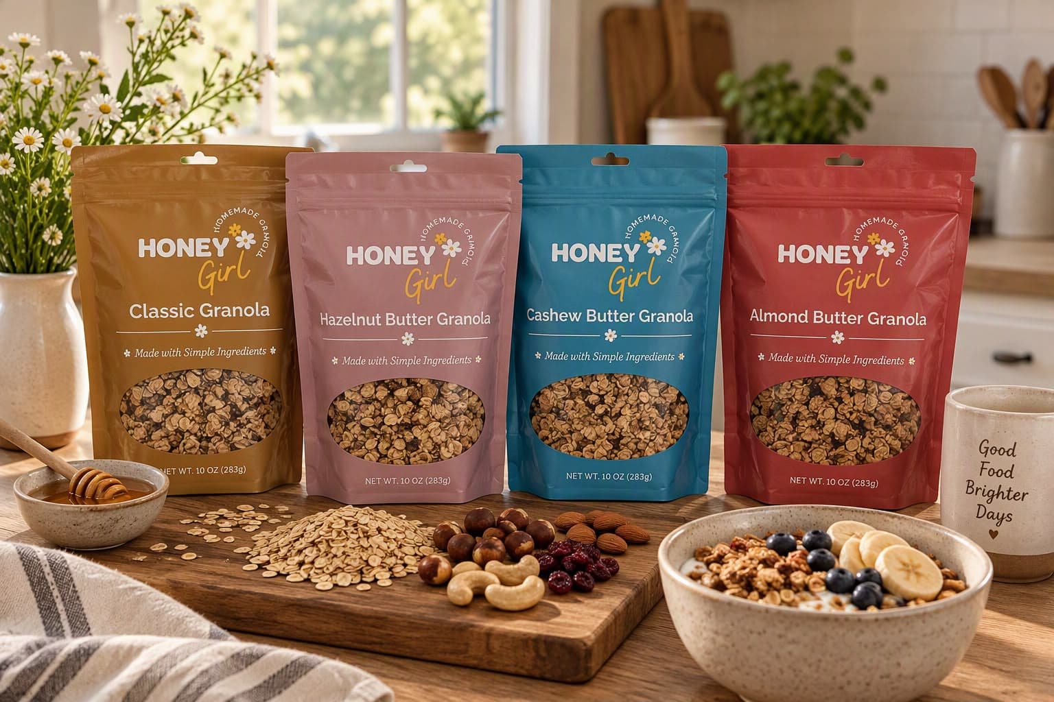 Four Honey Girl granola flavors in a welcoming kitchen